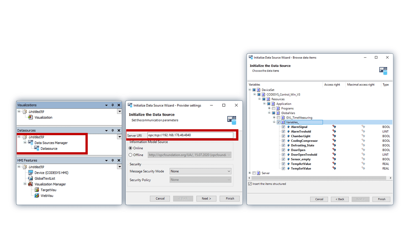 The CODESYS environment shows the setup of an OPC UA data source, including server URI and data point access rights.
