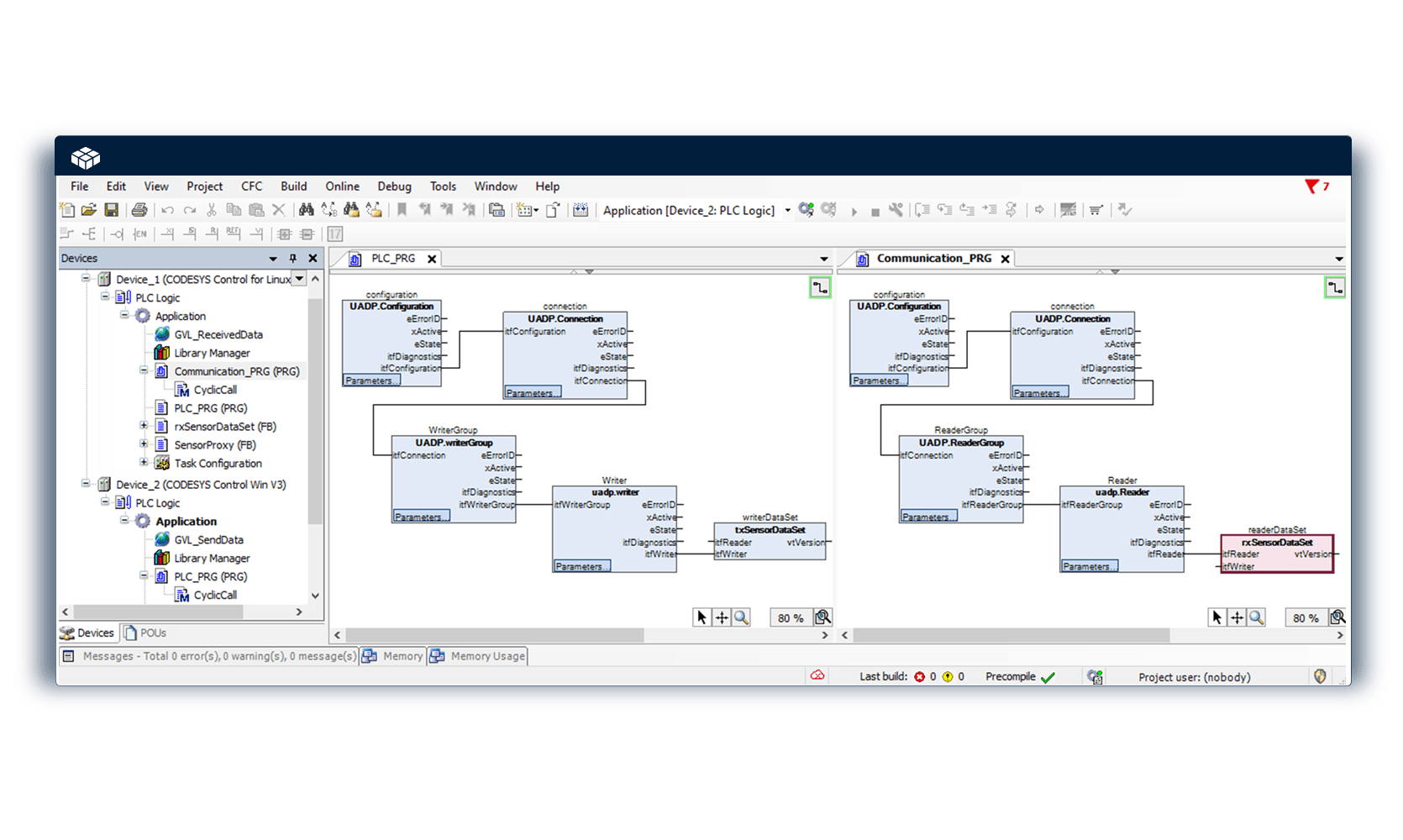 Screenshot of the CODESYS software with a PLC programming interface.