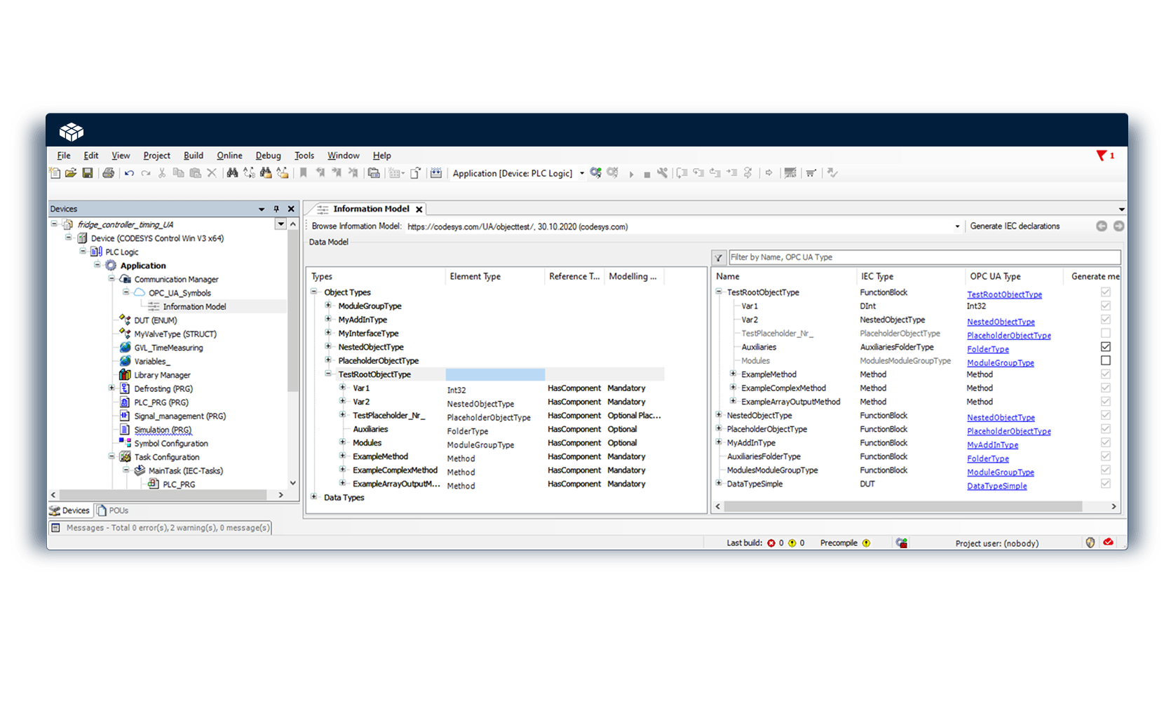 The CODESYS development environment shows the OPC UA information modeling with object types, methods and data structures for industrial control systems.