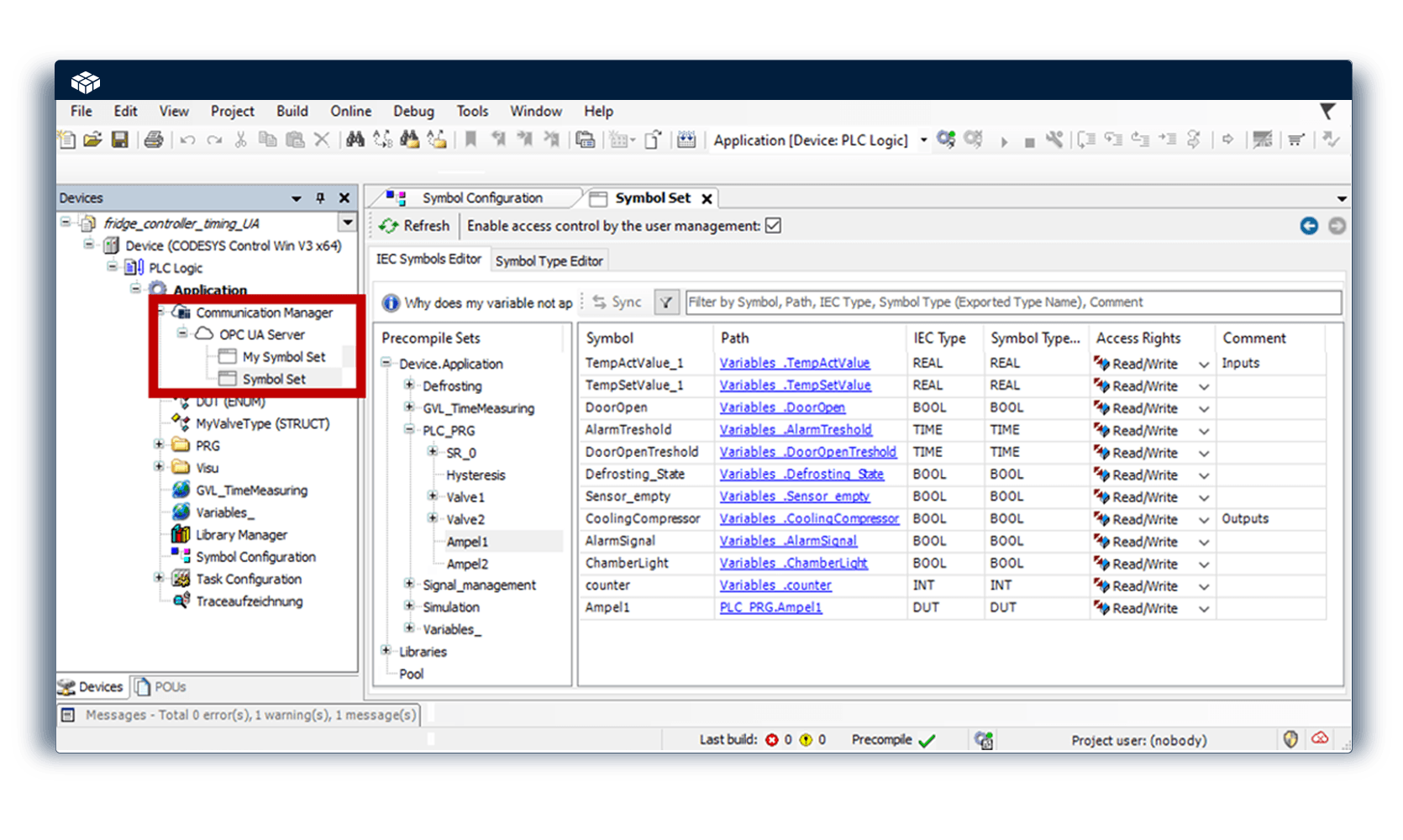 The CODESYS development environment shows the OPC UA server configuration with symbol set management for data exchange in automation.